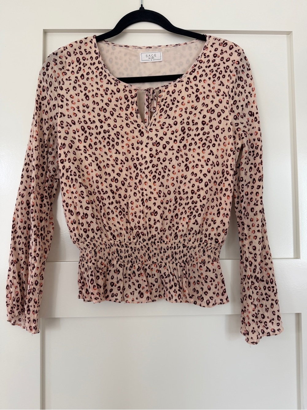 Sage Pink Leopard-Print Long Sleeve Peplum Blouse